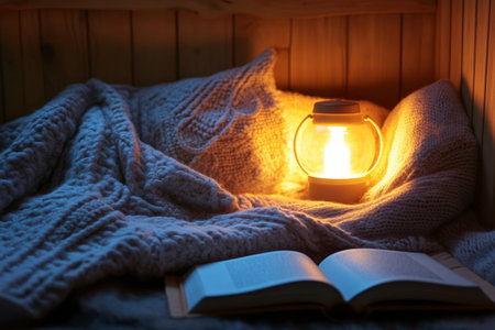 This inviting corner features a soft blanket draped over a comfy seat, a glowing lamp illuminating an open book, creating a serene environment for relaxation and self-care.の素材
