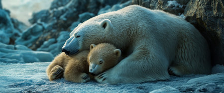 A fluffy polar bear cub snuggles closely with its mother, both resting on the icy terrain. The tender moment captures the bond between them in their cold, natural habitat.の素材