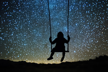 A person swings gently against a backdrop of a mesmerizing starlit sky. The scene evokes feelings of nostalgia and tranquility, capturing the serenity of a quiet night.の素材