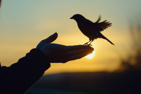 A silhouette of a person gently releasing a bird from their hands at sunrise, evoking feelings of freedom and the beauty of new beginnings in a tranquil morning atmosphere.の素材