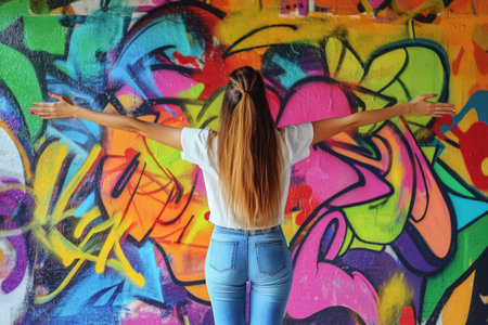 A woman stands with arms wide open in front of an energetic graffiti wall, showing her individuality and connection to the vibrant urban art around her during the day.の素材