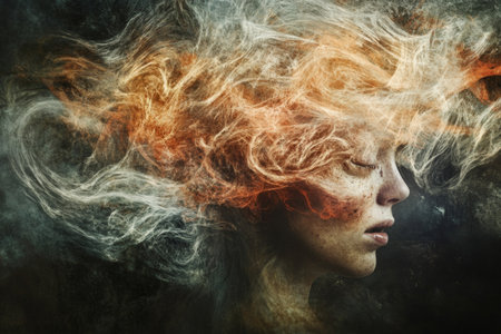 A swirling amalgamation of colors and textures captures the essence of chaotic thoughts. The artwork depicts a serene figure amidst a tempest of emotions, symbolizing internal struggle.の素材