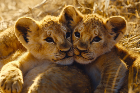 Two adorable lion cubs are playing together, enjoying their time in the warm golden light of the savannah during sunset. Their playful interactions showcase their youthful energy.の素材