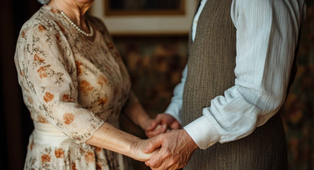 An elderly couple stands close, holding hands with warm smiles that reflect decades of love and companionship. Their presence exudes stability and joy in a cozy indoor setting.の素材