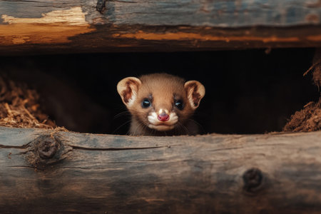 A baby ferret peeks out from a warm wooden burrow, displaying a playful expression with bright eyes. This adorable creature explores its cozy habitat during daylight.の素材