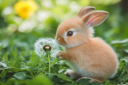 In a vibrant green meadow, a baby rabbit curiously nibbles on a dandelion, surrounded by soft grass and bright yellow flowers under a clear sky.の素材
