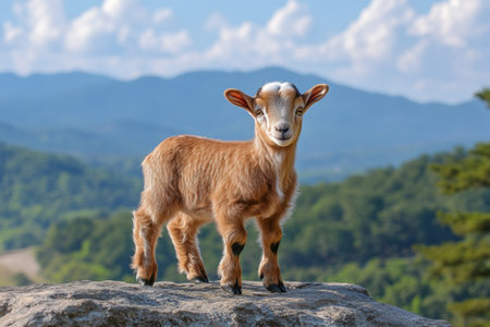 A playful baby goat stands on a rock, gazing curiously into the distance. The backdrop showcases picturesque mountains and a bright blue sky filled with fluffy clouds.の素材