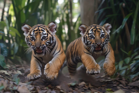 Two energetic tiger cubs chase each other through a vibrant jungle, exhibiting playful and lively behavior. Their joyful antics capture the essence of youthful exploration in nature.の素材