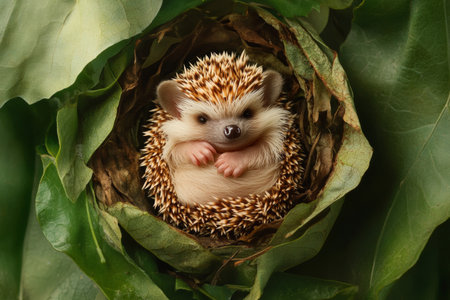 A small hedgehog baby rests peacefully in a nest made of lush green leaves. Its quills and tiny paws are visible, creating a heartwarming sight in nature.の素材