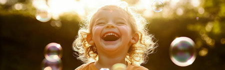 A child with curly hair beams with laughter, surrounded by shimmering soap bubbles in a sunlit garden. The atmosphere radiates pure joy and carefree fun.の素材