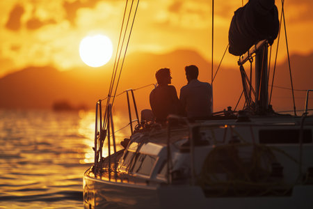 A couple man sits close together on the deck of a sailboat, basking in the warm golden light of sunset. The orange and yellow hues reflect off the tranquil water, creating a serene atmosphere.の素材