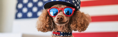 A cheerful poodle showcases its adorable personality, wearing an American-themed hat and sunglasses, in front of a vibrant flag backdrop. The dog exudes festive charm and patriotism.の素材