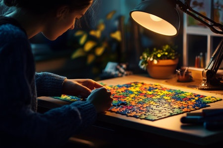 A person is engaged in solving a vibrant jigsaw puzzle at a desk under a warm lamp's light. The room is intimate and cozy, creating an inviting atmosphere for this relaxing activity.の素材