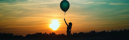 A person stands against a radiant sunset sky, lifting a balloon high in the air. The silhouette embodies a moment of optimism and aspiration, framed by warm colors and dusk light.の素材