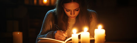 A woman sits quietly at a table, writing in her journal by the soft glow of candles. The warm light casts shadows in a peaceful room, fostering introspection and healing.の素材