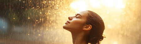 Standing in the rain, a woman tilts her head back with closed eyes, embracing a moment of tranquility and emotional release. Raindrops cascade around her, creating a peaceful ambiance.の素材