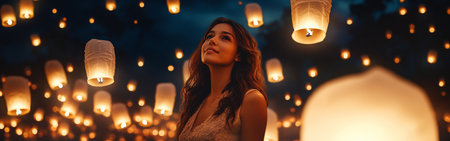 A woman stands in a tranquil setting at night, surrounded by glowing paper lanterns. Each lantern represents a desire to release fears, creating a serene atmosphere of hope and freedom.の素材