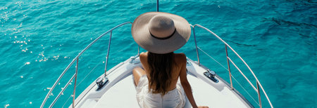 A woman sits gracefully on the bow of a yacht, wearing a wide-brimmed hat while surrounded by sparkling turquoise water. The bright day enhances the tranquil atmosphere, perfect for relaxation.の素材
