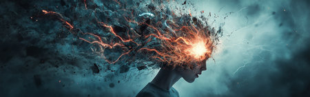 A tumultuous mental state, portraying chaotic thoughts escaping from a head. Vibrant colors and dynamic forms suggest intense anxiety and emotional struggle.の素材