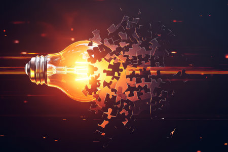 A glowing bulb radiates light while fragmented puzzle pieces scatter around, symbolizing the spark of creativity in a minimalistic modern design. The composition captures dynamic energy.の素材