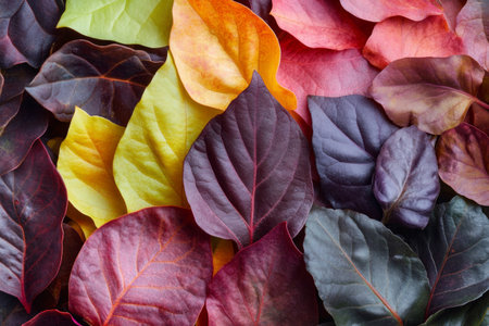 Close-up view of an artistic composition showing various seedling leaves in vivid hues, highlighting their unique shapes and intricate textures under bright light.の素材