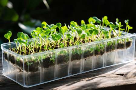 Soft morning light brightens delicate sprouts nestled in a transparent seedling tray. The vibrant greens herald the promise of new growth and the start of a fruitful season.の素材