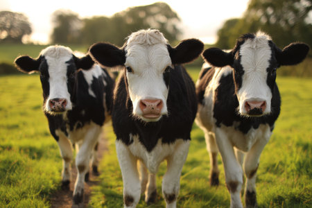 Three Belted Galloway cows graze in a vibrant green field under a clear sky. The sunset casts a warm glow, highlighting their detailed fur and expressive eyes.の素材