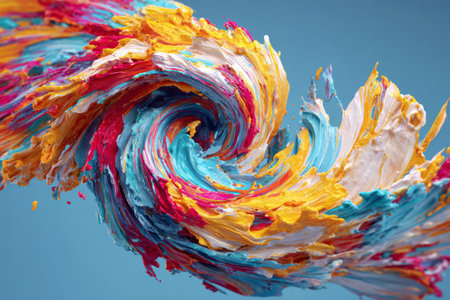 Colorful oil paint splashes create a spiral explosion, frozen in the air against a light blue background. This dynamic scene showcases vibrant colors blending and swirling together beautifully.の素材