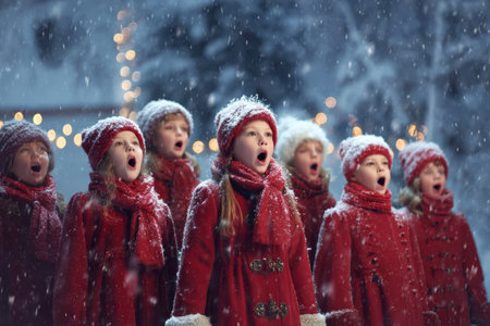Children dressed in red coats and hats sing carols in a snowy landscape, surrounded by soft snowfall and twinkling lights, capturing the magic of the holiday season.の素材