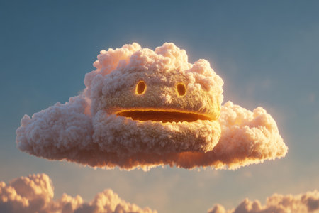 A whimsical hamburger-shaped cloud appears in the sky at sunset, bringing joy with its smiling face. The entire cloud resembles a delicious burger, creating a delightful scene.の素材