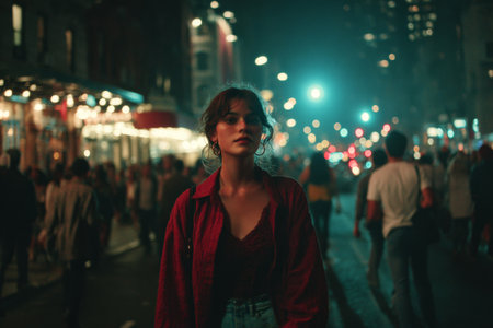In the heart of New York at night, a beautiful woman stands still while people bustle past her in the opposite direction. Bright city lights create a vivid atmosphere.の素材