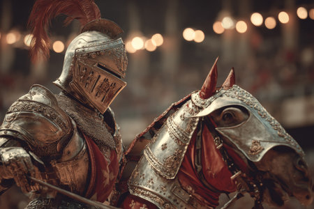 A knight clad in shining armor charges forward on a majestic horse during a vibrant jousting tournament filled with cheers and excitement, embodying chivalry and competition.の素材