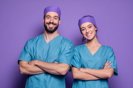 Two young dentists, a man and a woman, stand confidently with arms crossed.の素材