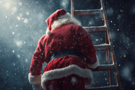 Santa Claus is seen from behind as he climbs a ladder in the snow. Sparkling flakes surround him, adding a magical touch to this winter night scene filled with holiday spirit.の素材
