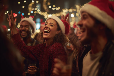 A group of friends celebrates Christmas at a party filled with laughter and music. Everyone is smiling and wearing Santa hats, creating a joyful holiday spirit.の素材