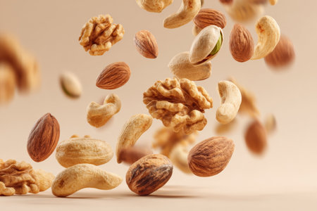 Mixed nuts including almonds, walnuts, pistachios, and cashews are captured in motion against a soft beige background. The scene highlights the fine texture and natural beauty of the nuts.の素材