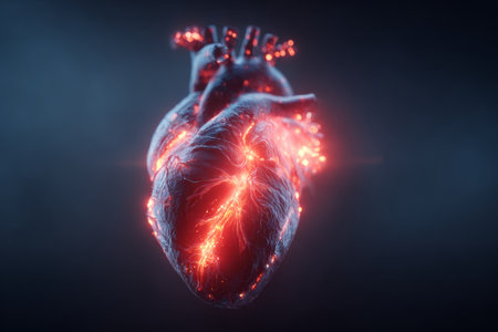 A human heart illuminated with a vivid glow, highlighting its intricate structure against a dark background. The cinematic effect adds depth and intensity to the scene.の素材