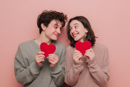 Young couple expresses happiness and love on Valentine39s Day by holding red heart symbols close together. Their joyful faces reflect a deep emotional connection in a cozy atmosphere.の素材