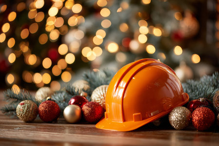 A vibrant orange construction helmet rests on a wooden table surrounded by colorful Christmas ornaments and pine tree branches. Soft festive lights create a warm atmosphere.の素材