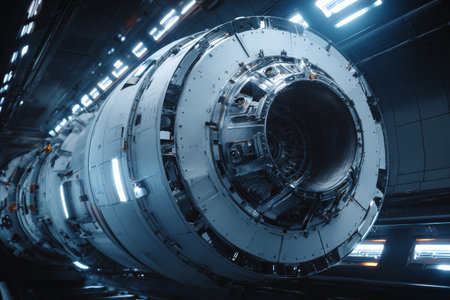 An extreme close up showcases the complex engine shafts of a giant spaceship, highlighting advanced technology and intricate design elements in a cinematic style at high resolution.の素材