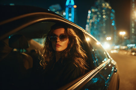 A stunning woman with long wavy brown hair looks directly at the camera from inside a black car. The vibrant city lights reflect on the car as it moves through the bustling night.の素材