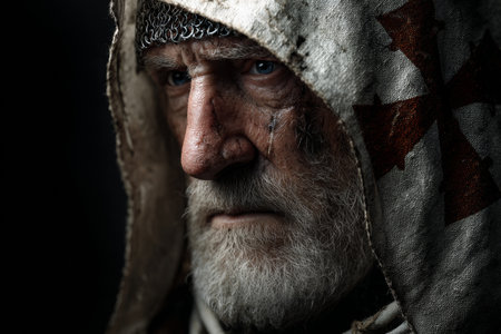A wise-looking Templar warrior with a long beard gazes intently. His weathered face shows years of experience. He wears a hood with the Templar cross, highlighting his noble heritage.の素材