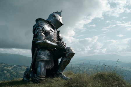 A knight in shining medieval armor is kneeling on a grassy hill. The scene captures the knight in a moment of contemplation, under a dramatic sky with clouds during twilight.の素材