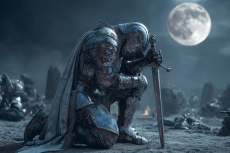 A weary knight in shiny plate armor kneels among fallen warriors on a dark battlefield. The bright moon casts light on his sword, symbolizing loss and despair after a hard-fought battle.の素材