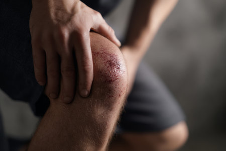 A person is touching their bruised knee, displaying visible signs of injury. The close-up captures the detail of the skins texture and redness, indicating a recent accident.の素材