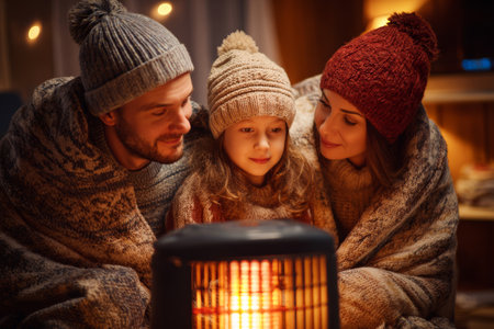 Parents and child huddle together under blankets, wearing sweaters and hats, as they warm up by an electric heater in their cozy living space during winter.の素材