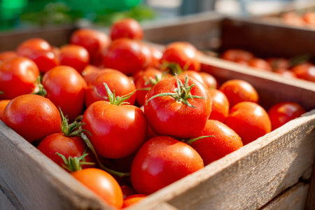 Fresh vine tomatoes and loose tomatoes spill from a cardboard produce box, showing their rich color in bright natural light. Perfect for farm-to-table dishes.の素材