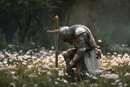 A crusader knight kneels reverently in a vibrant meadow of flowers, paying tribute to a cross. Sunlight filters through the trees, enhancing the serene atmosphere.の素材