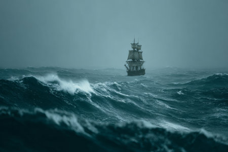 A ship navigates through fierce waves in a stormy sea, showcasing the power of nature. The scene captures the dramatic atmosphere and intense struggles at sea during a tumultuous time.の素材