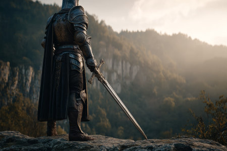A medieval knight wearing dark decorated armor stands tall on a rock, sword ready in hand. Sunlight shines down, highlighting the stunning mountain scenery around him.の素材